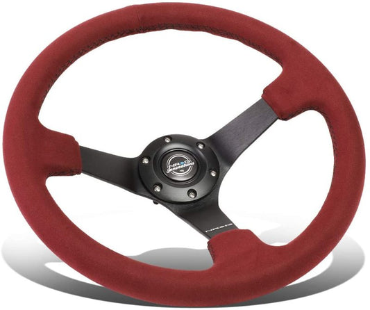 NRG Innovations 350mm Reinforced Solid-Spoke Steering Wheel - Alcantara - Burgundy Alcantara - Black Baseball Stitch – RST-036MB-BUA