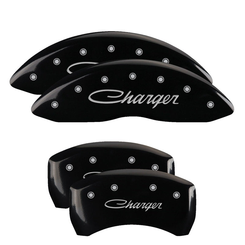 MGP 4 Caliper Covers Engraved Front & Rear Cursive/Charger Black finish silver ch MGP