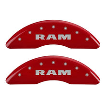 Load image into Gallery viewer, MGP 4 Caliper Covers Engraved Front RAM Engraved Rear RAMHEAD Red finish silver ch - eliteracefab.com