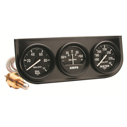 AutoMeter Gauge Console Oilp/Wtmp/Amp 2in. 100PSI/280 Deg. F/60A Blk Dial Blk Bzl Autogage 2393