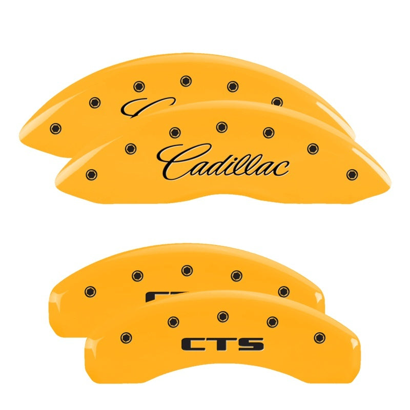 MGP 4 Caliper Covers Engraved Front Cursive/Cadillac Engraved Rear CTS Yellow finish black ch MGP