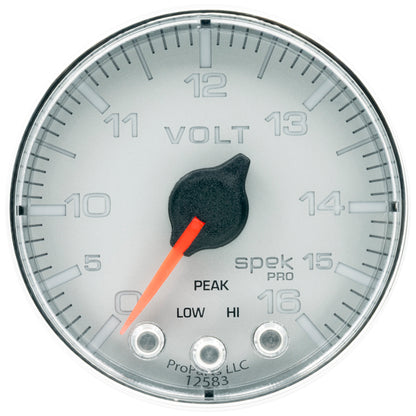 Autometer Spek-Pro Gauge Voltmeter 2 1/16in 16V Stepper Motor W/Peak & Warn Slvr/Chrm P344218