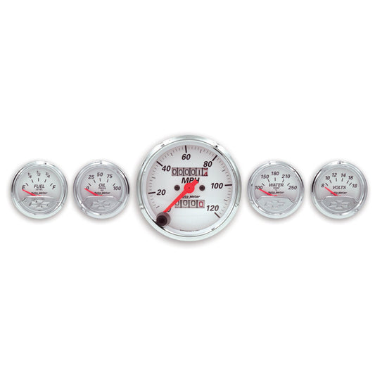 Autometer Arctic White GM 5 Pc Kit Box w/ Mech Speedo, Elec Oil Press, Water Temp, Volt, Fuel Level 1300-00408