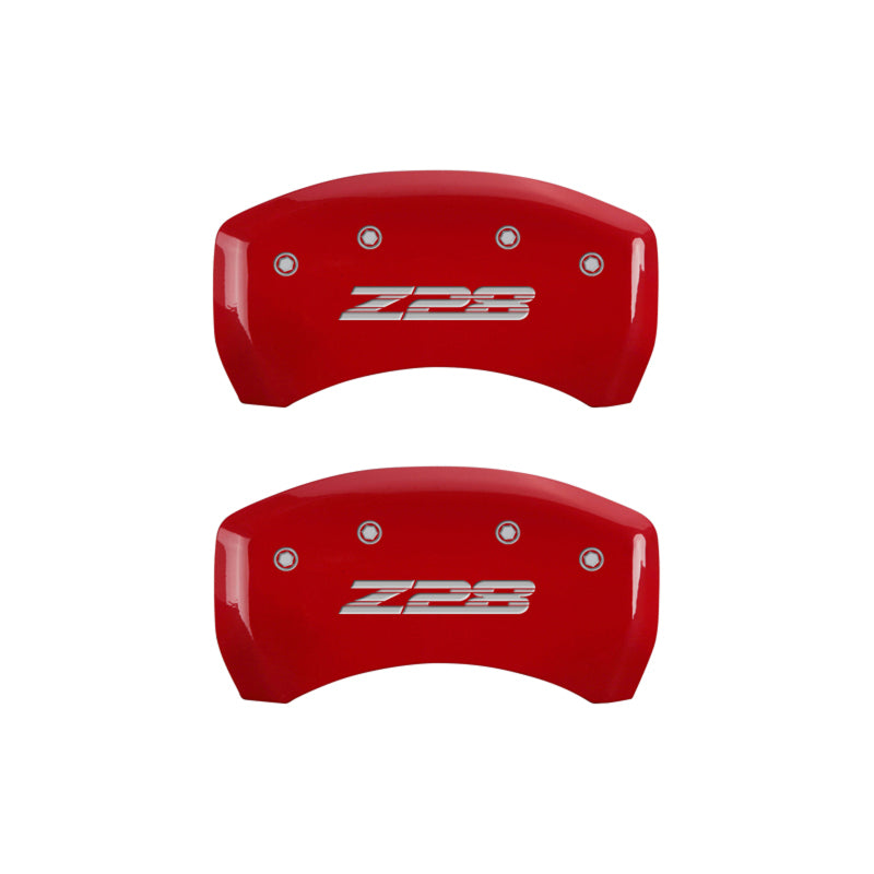 MGP 4 Caliper Covers Engraved Front Gen 4/Camaro Engraved Rear Gen 4/Z28 Red finish silver ch MGP