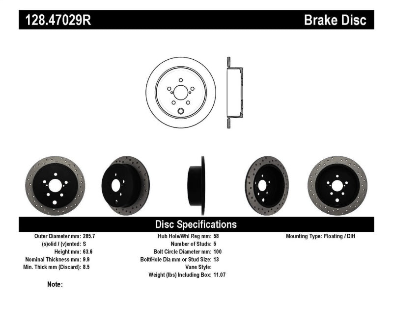 STOPTECH 08-10 WRX DRILLED RIGHT REAR ROTOR, 128.47029R - eliteracefab.com