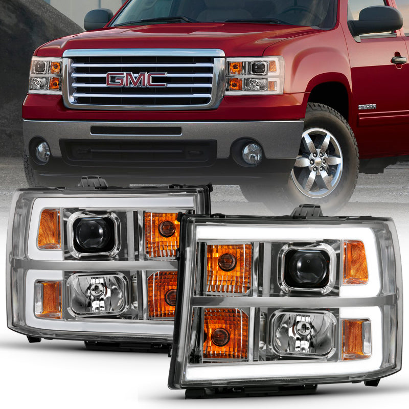 ANZO 2007-2013 Gmc Sierra 1500 Projector Headlight Plank Style Chrome w/ Clear Lens Amber - eliteracefab.com