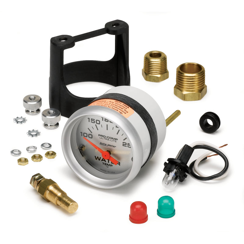 AutoMeter GAUGE; WATER TEMP; 2 1/16in.; 100-250deg.F; ELECTRIC; ULTRA-LITE - eliteracefab.com