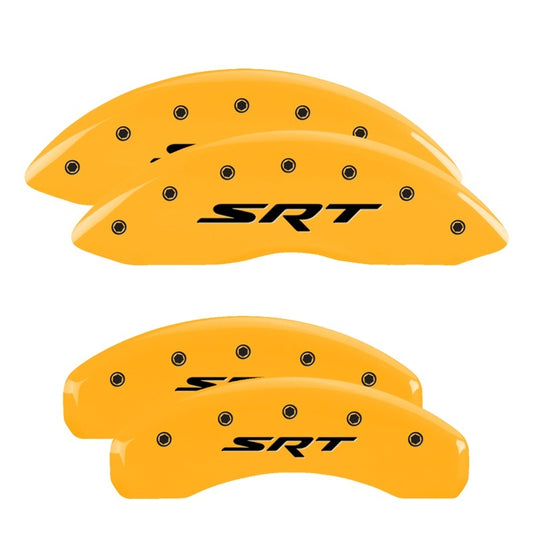 MGP 4 Caliper Covers Engraved Front & Rear 11-18 Jeep Grand Cherokee Yellow Finish Black SRT Logo MGP