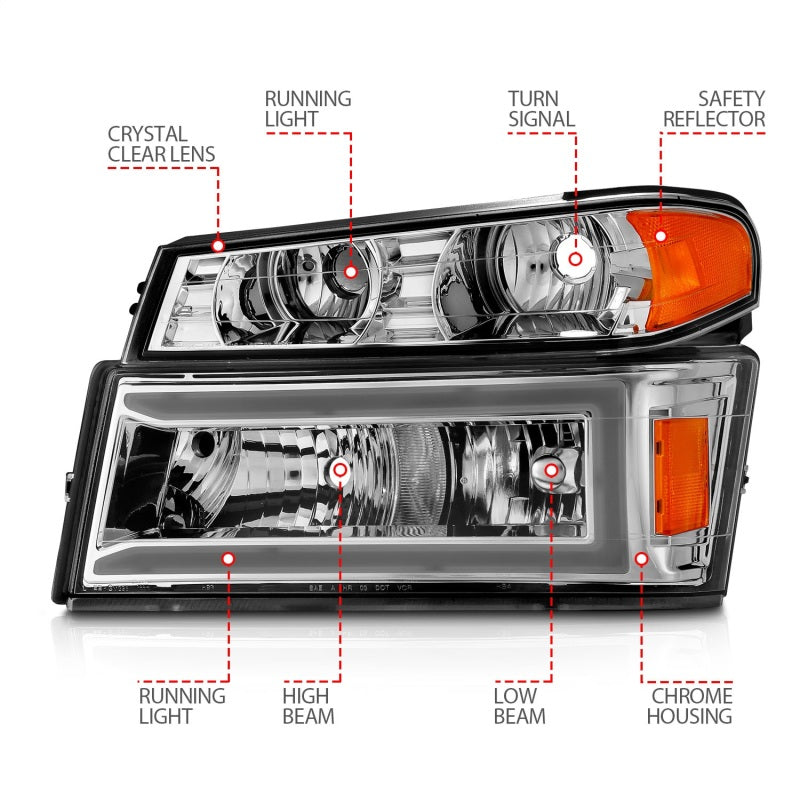 ANZO 04-12 GM Colorado/Canyon/I-Series Crystal Headlights - w/ Light Bar Chrome Housing 4pcs