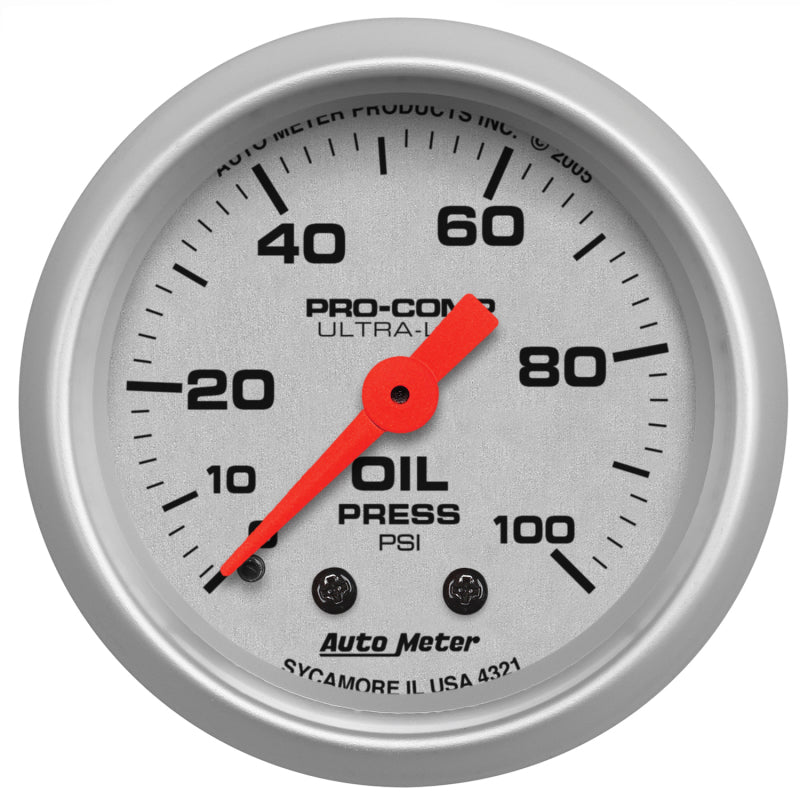 AutoMeter GAUGE; OIL PRESSURE; 2 1/16in.; 100PSI; MECHANICAL; ULTRA-LITE - eliteracefab.com