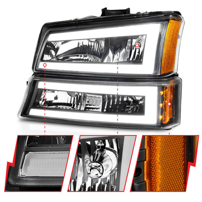 ANZO 2003-2006 Chevrolet Silverado 1500 Crystal Headlights w/ Light Bar Black Housing - eliteracefab.com