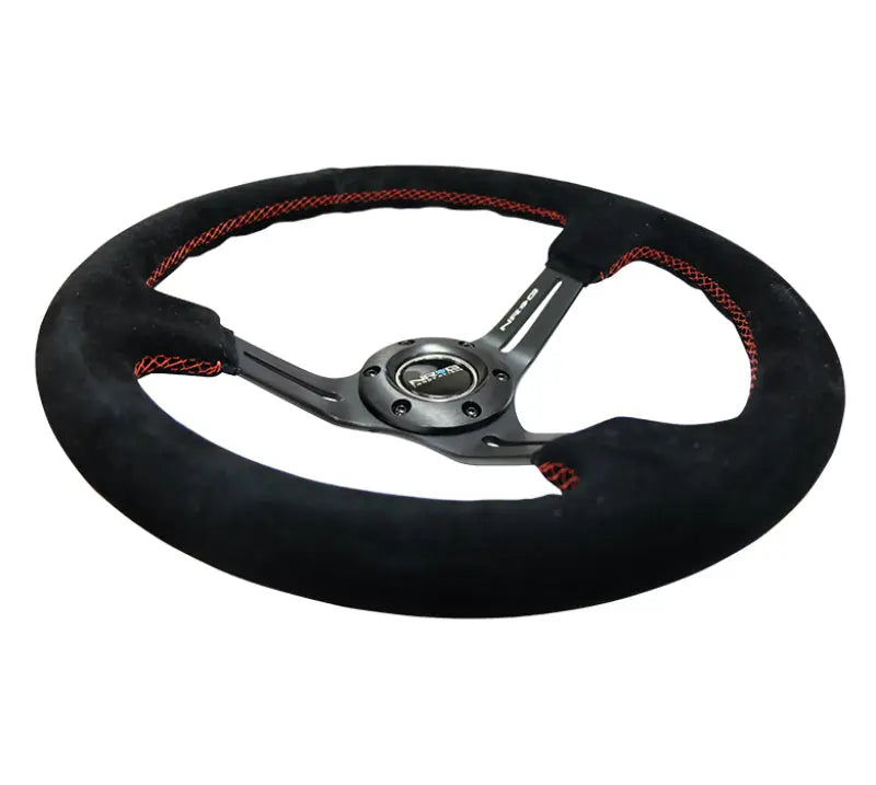 NRG Reinforced Sport Steering Wheel 350mm SUEDE 3 Inch Deep Black Leather with Red Stitch - eliteracefab.com