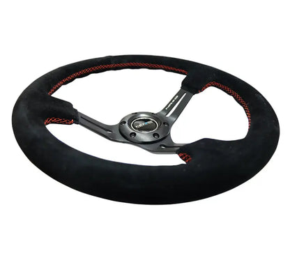 NRG Reinforced Sport Steering Wheel 350mm SUEDE 3 Inch Deep Black Leather with Red Stitch - eliteracefab.com