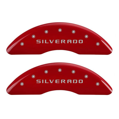 MGP 4 Caliper Covers Engraved Front & Rear Silverado Red finish silver ch MGP