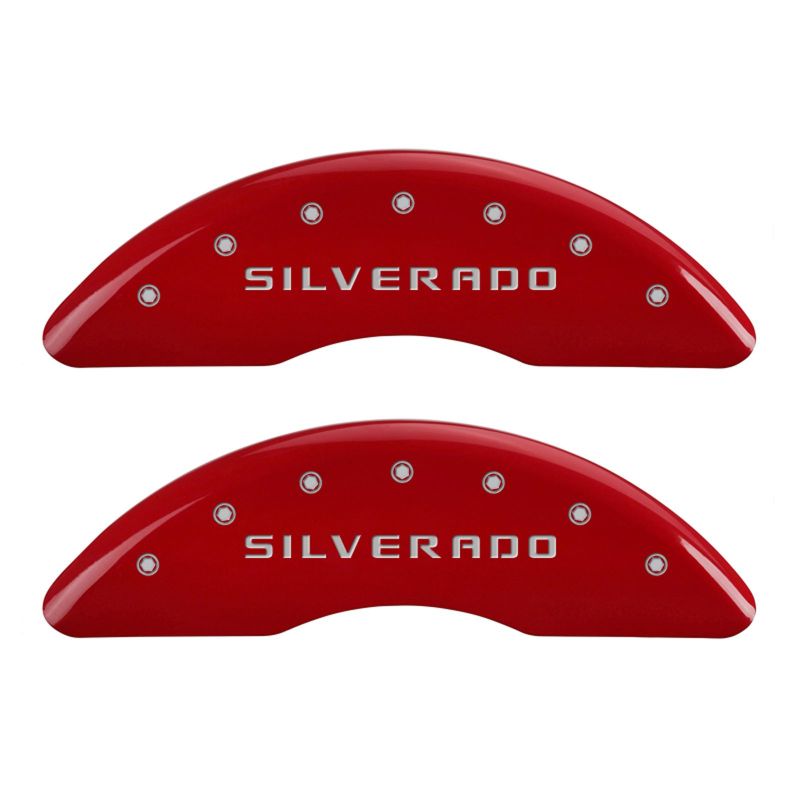 MGP 4 Caliper Covers Engraved Front & Rear Silverado Red finish silver ch MGP