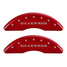 Load image into Gallery viewer, MGP 4 Caliper Covers Engraved Front &amp; Rear Silverado Red finish silver ch MGP