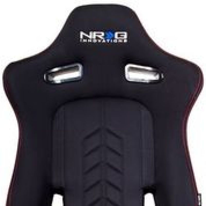 NRG Sport Seats (Pair) Cloth w/NRG Logo & NRG Arrow Cushion Imprint - Black w/Red Stitch - RSC-800L/R