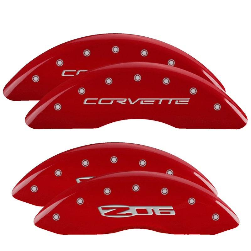 MGP 4 Caliper Covers Engraved Front C6/Corvette Engraved Rear C6/Z06 Red finish silver ch MGP