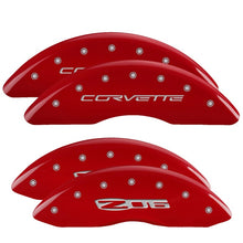 Load image into Gallery viewer, MGP 4 Caliper Covers Engraved Front C6/Corvette Engraved Rear C6/Z06 Red finish silver ch MGP