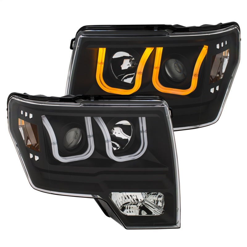 ANZO 2009-2014 Ford F-150 Projector Headlights w/ U-Bar Switchback Black w/ Amber - eliteracefab.com