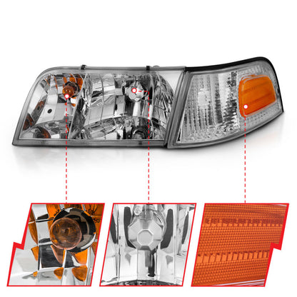 ANZO 1998-2005 Ford Crown Victoria Crystal Headlight Chrome With Bumper Light (OE) - eliteracefab.com