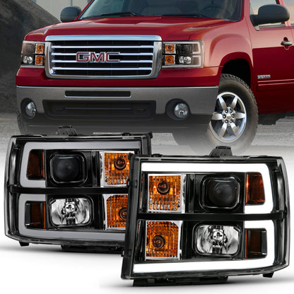 ANZO 2007-2013 Gmc Sierra 1500 Projector Headlight Plank Style Black w/ Clear Lens Amber - eliteracefab.com