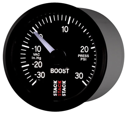 Autometer Stack 52mm -30INHG to +30 PSI (Incl T-Fitting) Pro Stepper Motor Boost Press Gauge - Black ST3312