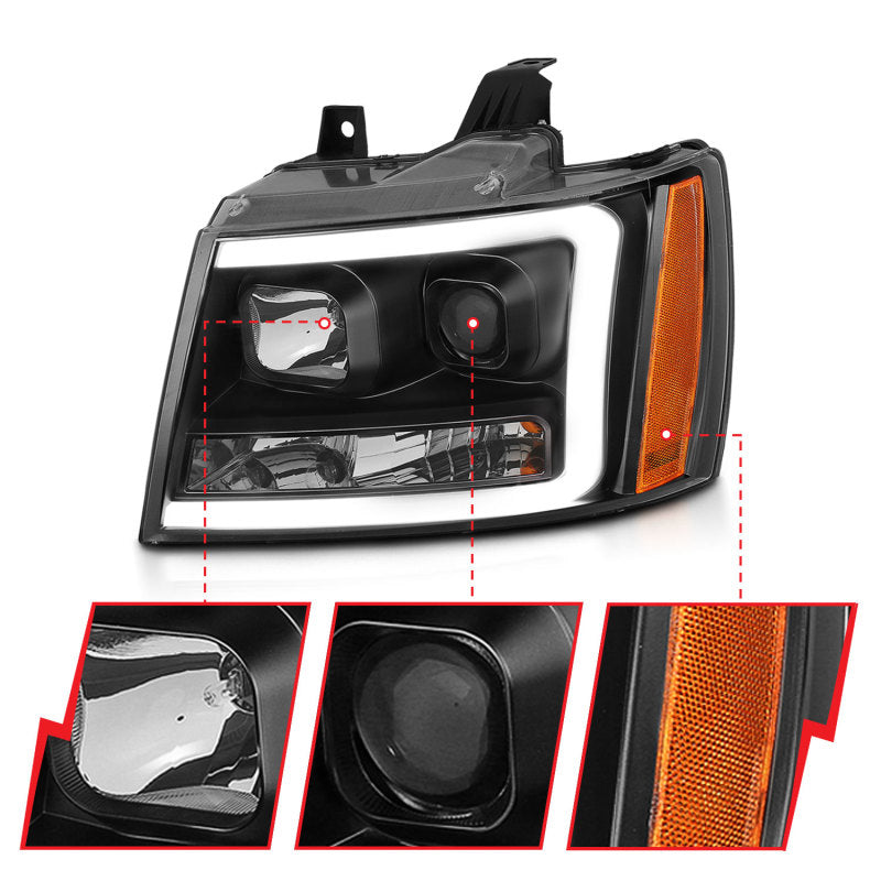 ANZO 07-14 Chevy Tahoe Projector Headlights w/ Plank Style Design Black w/ Amber - eliteracefab.com