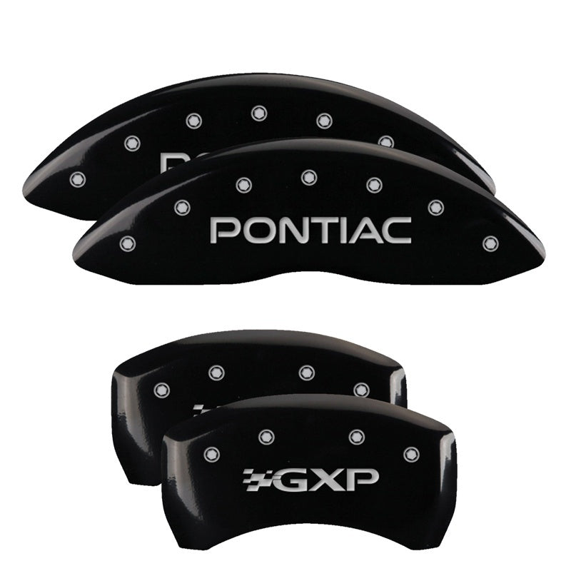 MGP 4 Caliper Covers Engraved Front Pontiac Engraved Rear GXP Black finish silver ch MGP