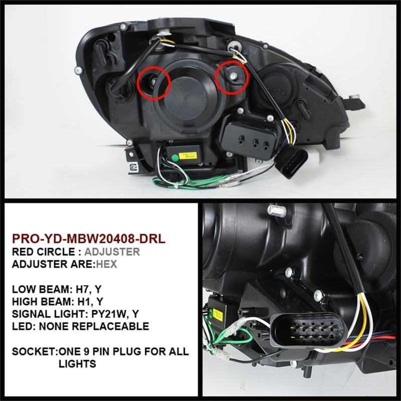 Spyder Mercedes Benz C-Class 08-11 Projector Headlights Halogen - DRL Blk PRO-YD-MBW20408-DRL-BK - eliteracefab.com