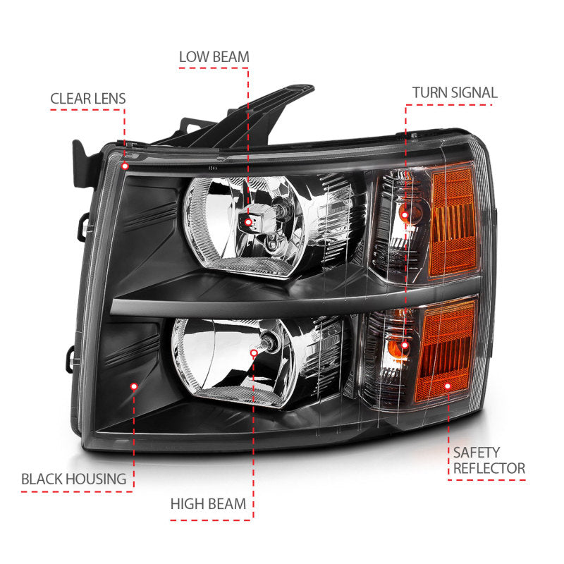 ANZO 2007-2013 Chevrolet Silverado Crystal Headlights Black - eliteracefab.com