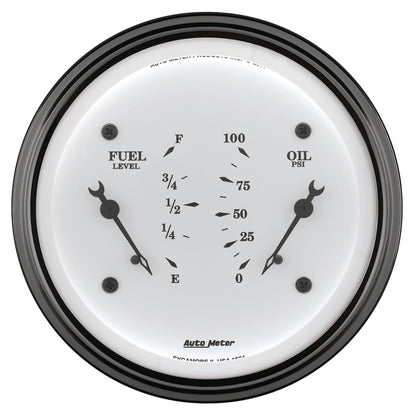 AutoMeter Gauge Dual Fuel & Oilp 3-3/8in. 0 Ohm(e) to 90 Ohm(f)& 100PSI Elec Old Tyme White 1624