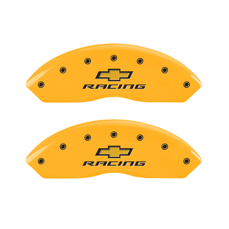 MGP 4 Caliper Covers Engraved Front & Rear Chevy Racing Yellow Power Coat Finish Black Characters MGP