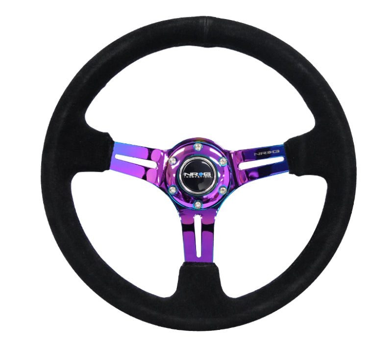 NRG Reinforced Sport Steering Wheel 350mm Suede 3 Inch Deep Black Stitch NeoChrome Slits - eliteracefab.com