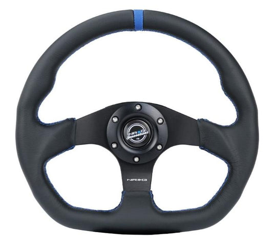 NRG Innovations 320mm Flat-Bottom Reinforced Steering Wheel - Leather - Blue Stitch - Blue Center Mark – RST-024MB-R-BL