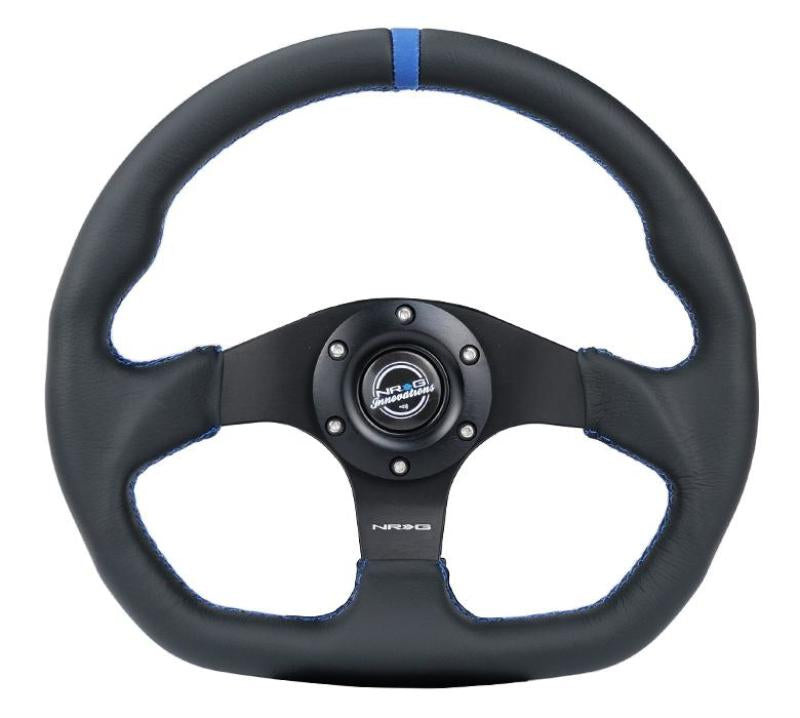 NRG Reinforced Steering Wheel (320mm) Sport Leather Flat Bottom w/ Blue Center/ Blue Stitching - RST-024MB-R-BL