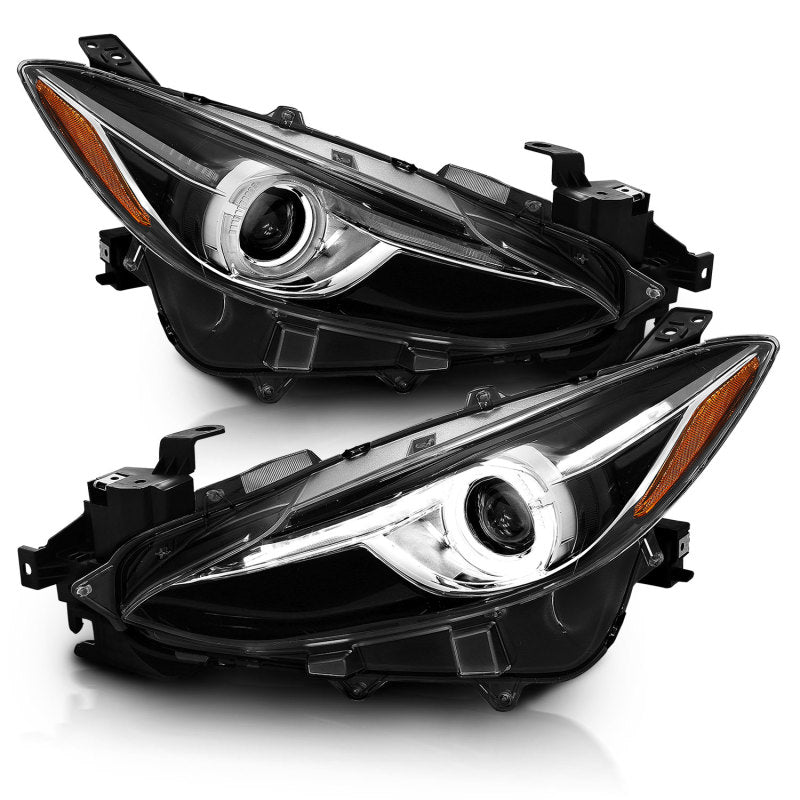 ANZO USA Mazda 3 Projector Headlights W/ Halo Black W/ Amber; 2014-2016 - eliteracefab.com