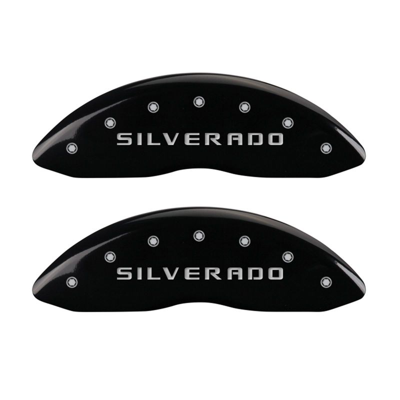 MGP 4 Caliper Covers Engraved Front & Rear Silverado Black finish silver ch MGP