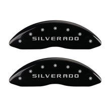 Load image into Gallery viewer, MGP Front set 2 Caliper Covers Engraved Front Silverado Black finish silver ch MGP