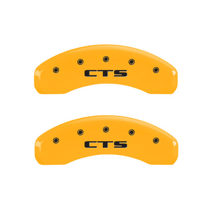 MGP 4 Caliper Covers Engraved Front Cursive/Cadillac Engraved Rear CTS Yellow finish black ch MGP