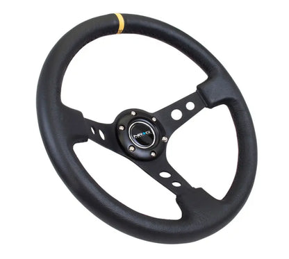 NRG Reinforced Sport Steering Wheel 350mm 3 Inch Deep Black Spoke Round holes Black Leather Yellow Stripes - eliteracefab.com