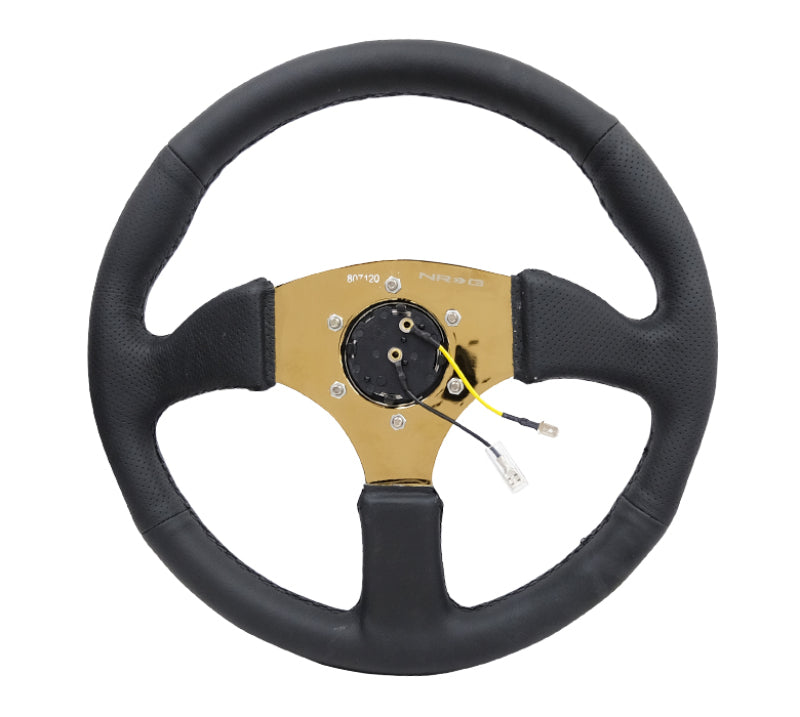 NRG Reinforced Steering Wheel 350mm Sport Leather Racing 2.5 Inch Deep Comfort Grip 4mm metal gold spoke - eliteracefab.com