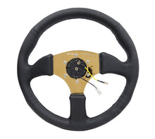 Load image into Gallery viewer, NRG Reinforced Steering Wheel 350mm Sport Leather Racing 2.5 Inch Deep Comfort Grip 4mm metal gold spoke - eliteracefab.com