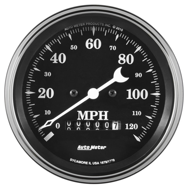 Auto Meter Gauge Speedo. 3 3/8in 120mph Elec. Prog. w/ Wheel Odo Old Tyme Black 1779