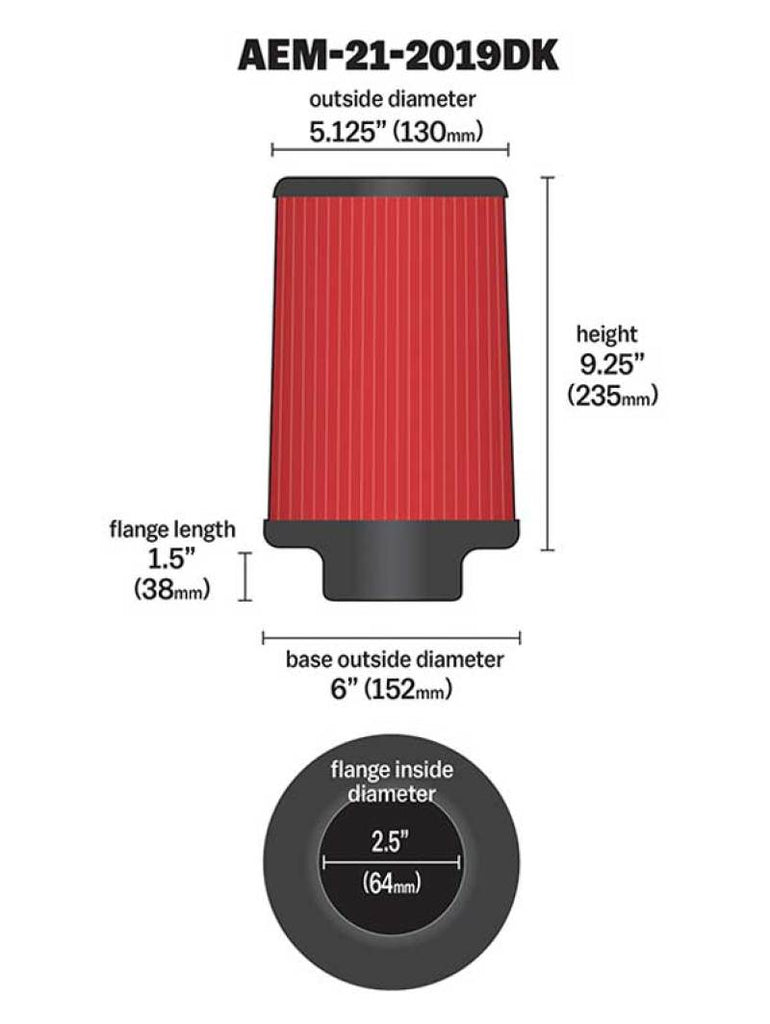 AEM DryFlow Air Filter AIR FILTER KIT 2.5in X 9in DRYFLOW - eliteracefab.com