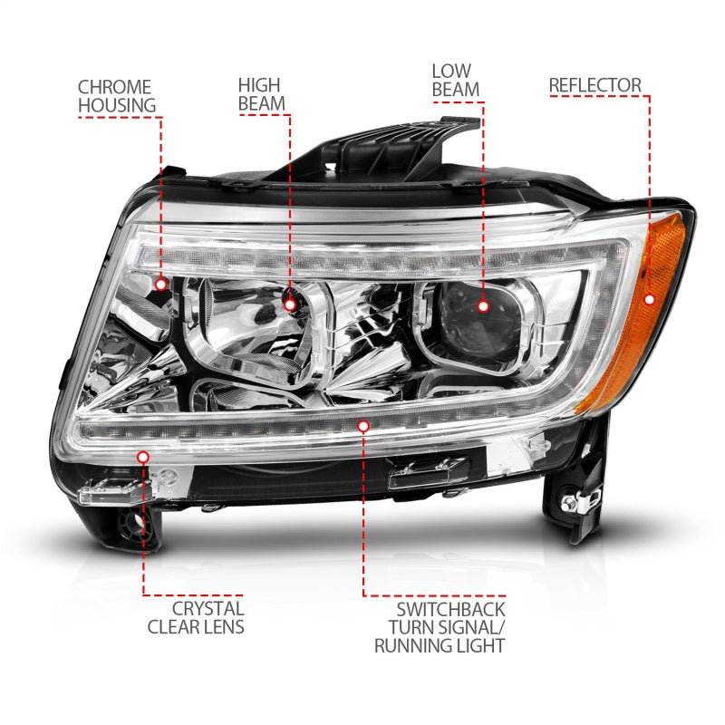 ANZO 11-13 Jeep Grand Cherokee (Factory Halogen Only) Projector Headlights w/Light Bar Swchbk Chrome - eliteracefab.com