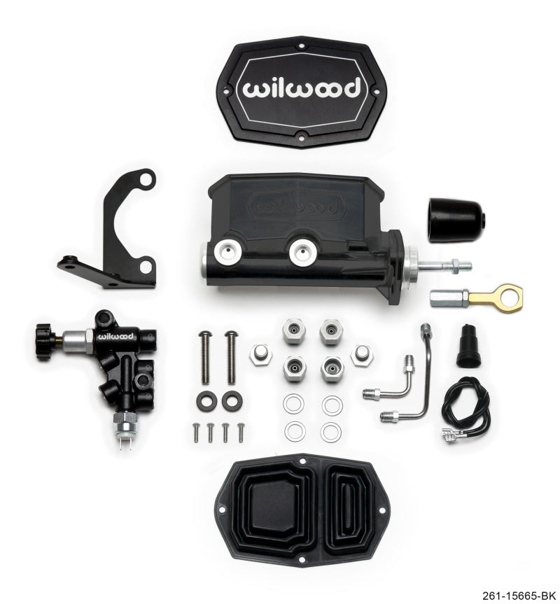 Wilwood Compact Tandem M/C - 1in Bore w/RH Bracket and Valve (Mustang Pushrod) - Black Wilwood