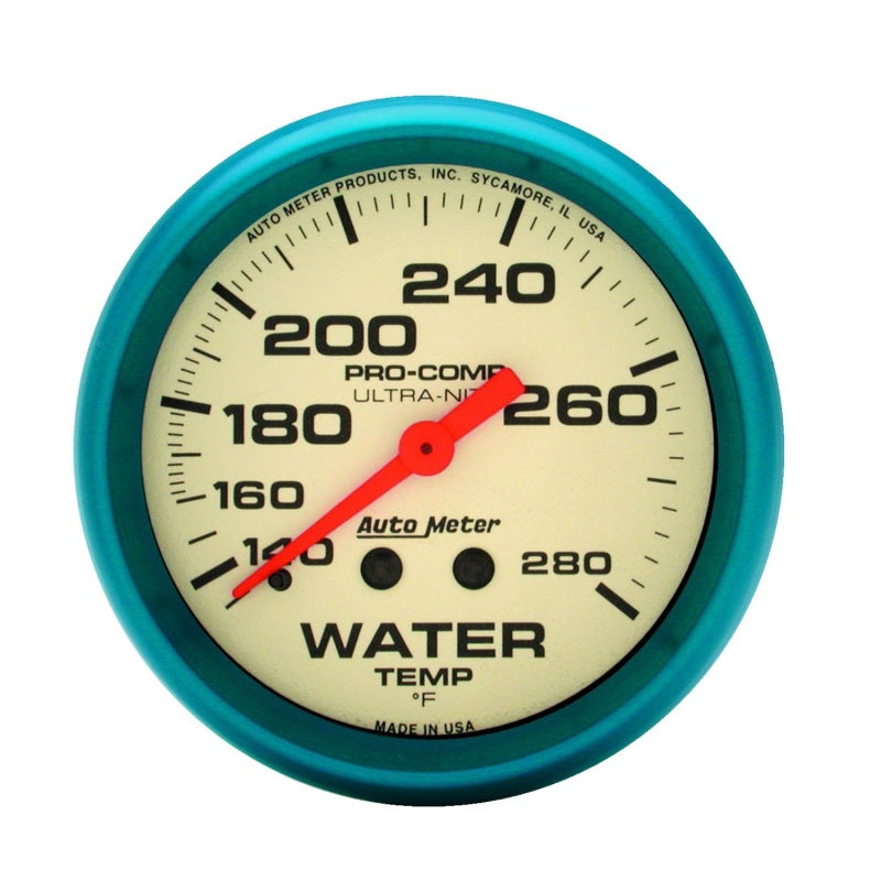 Autometer Ultra-Nite 2-5/8in 140-280 Deg F Mechanical Glow In The Dark Water Temp Gauge 4531