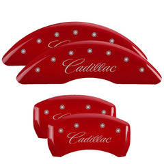 MGP 4 Caliper Covers Engraved Front Cursive/Cadillac Engraved Rear XLR Red finish silver ch - eliteracefab.com