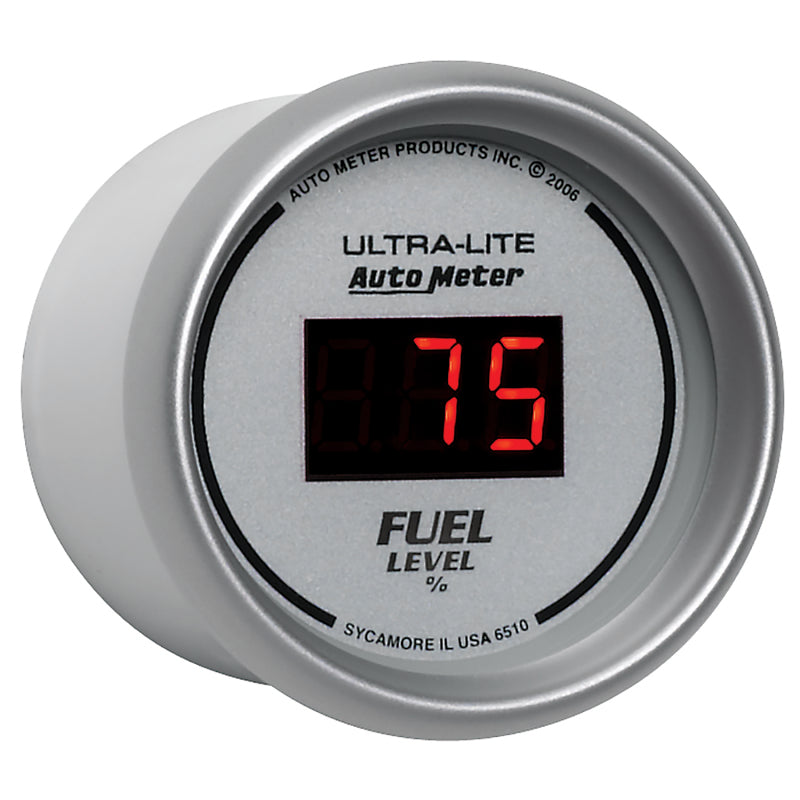 Autometer Ultra-Lite Digital 2-1/16in 0-280 OHM Silver Dial w/ Red LED Programmable Fuel Level Gage 6510